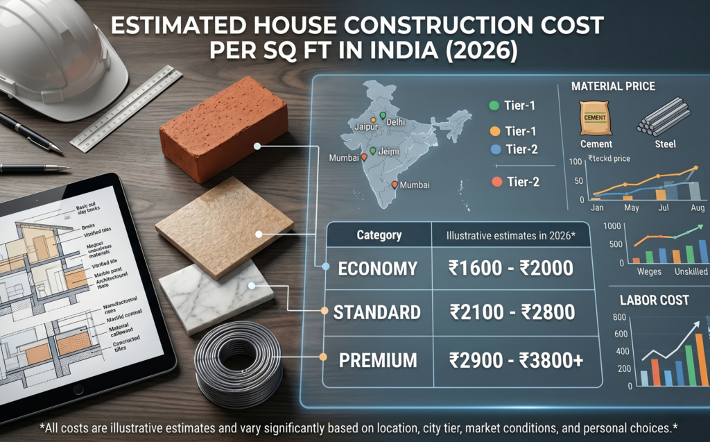 House Construction cost per sq ft in india 2026