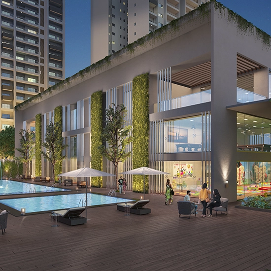 Godrej Air Sector 85 Gurgaon - clubhouse and swimming pool at dusk