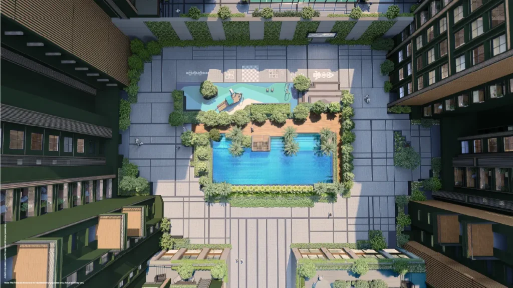 Godrej Altus Vastrapur Ahmedabad - aerial view of the swimming pool and amenity deck
