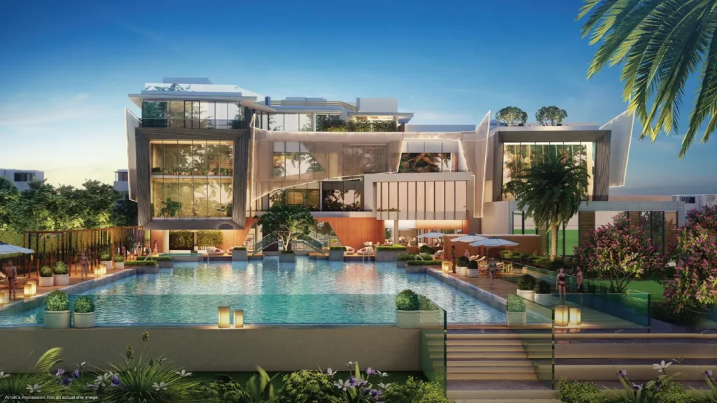 Godrej Crown Residences Sector 27 Greater Noida - clubhouse and swimming pool at dusk