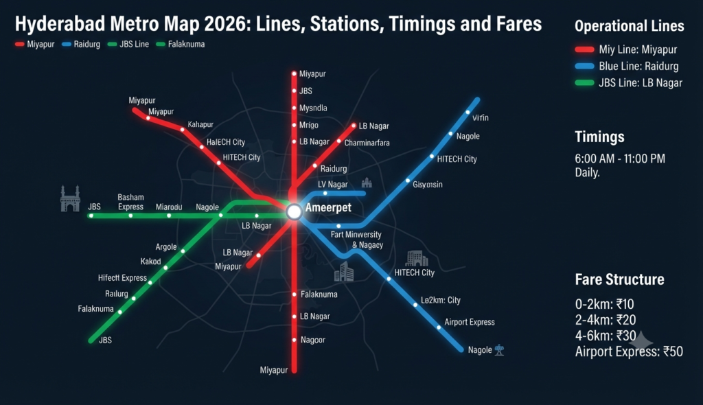 Hyderabad Metro Map 2026: Lines, Timings & Fares